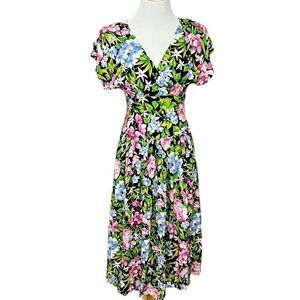 Vintage 80’s/90’s All That Jazz Black Floral Dress Fit and Flare Midi Style S